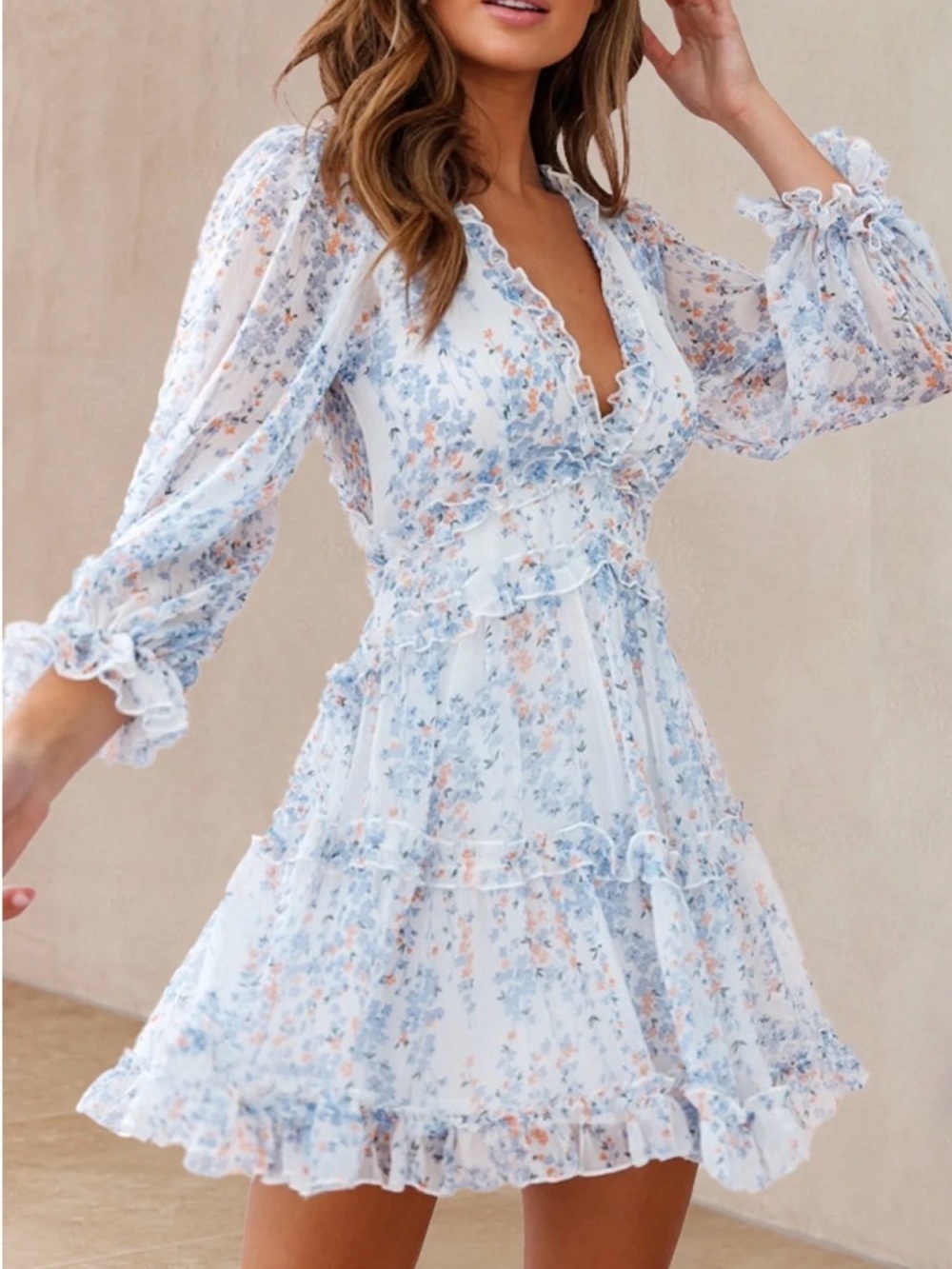 Floral Ruffle V-Neck Mini Dress - Light Blue